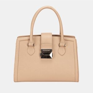 David Jones PU Leather Handbag Elegant Tan Shiny Buckle Medium Square Purse